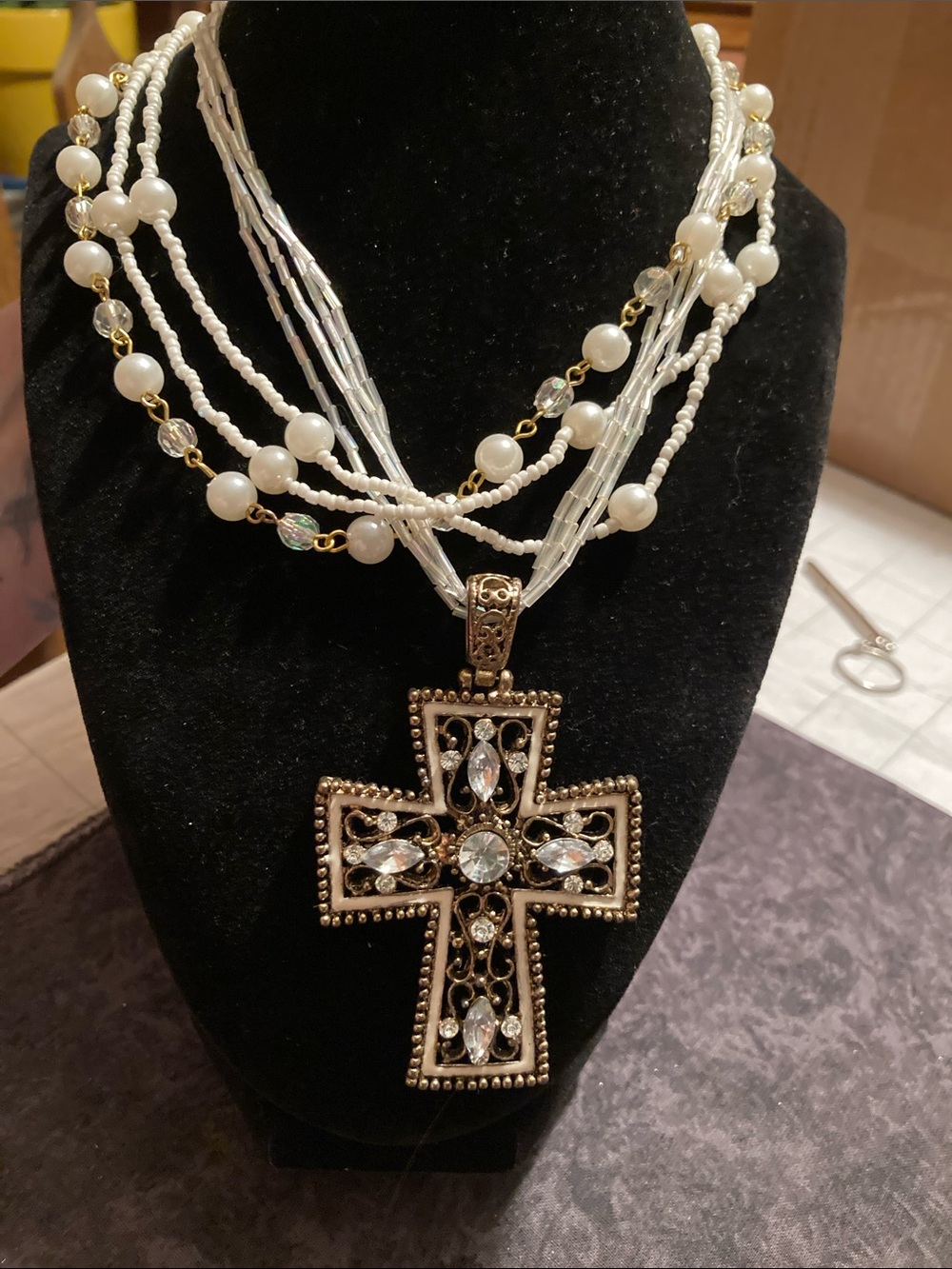 Gold Tone and White Beaded Cross Pendant Necklace